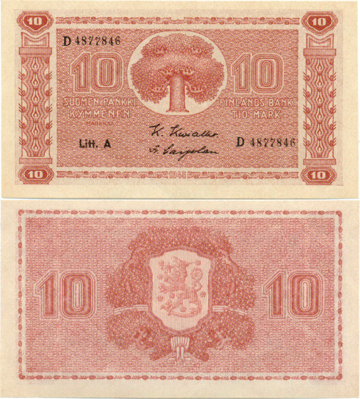 10 Markkaa 1945 Litt.A D4877846 kl.8-9